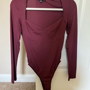 Lulu's Deep Burgundy Long Sleeve Bodysuit